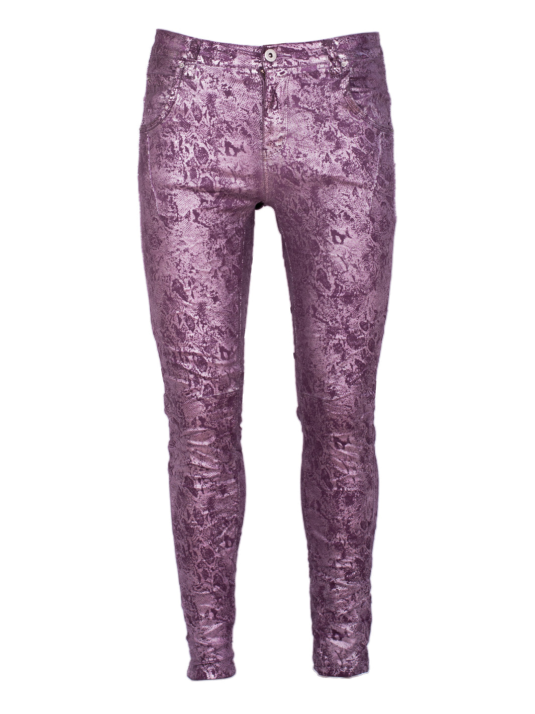 Ariella Metallic Plum Pant — front facing flat lay — Bianco Jeans