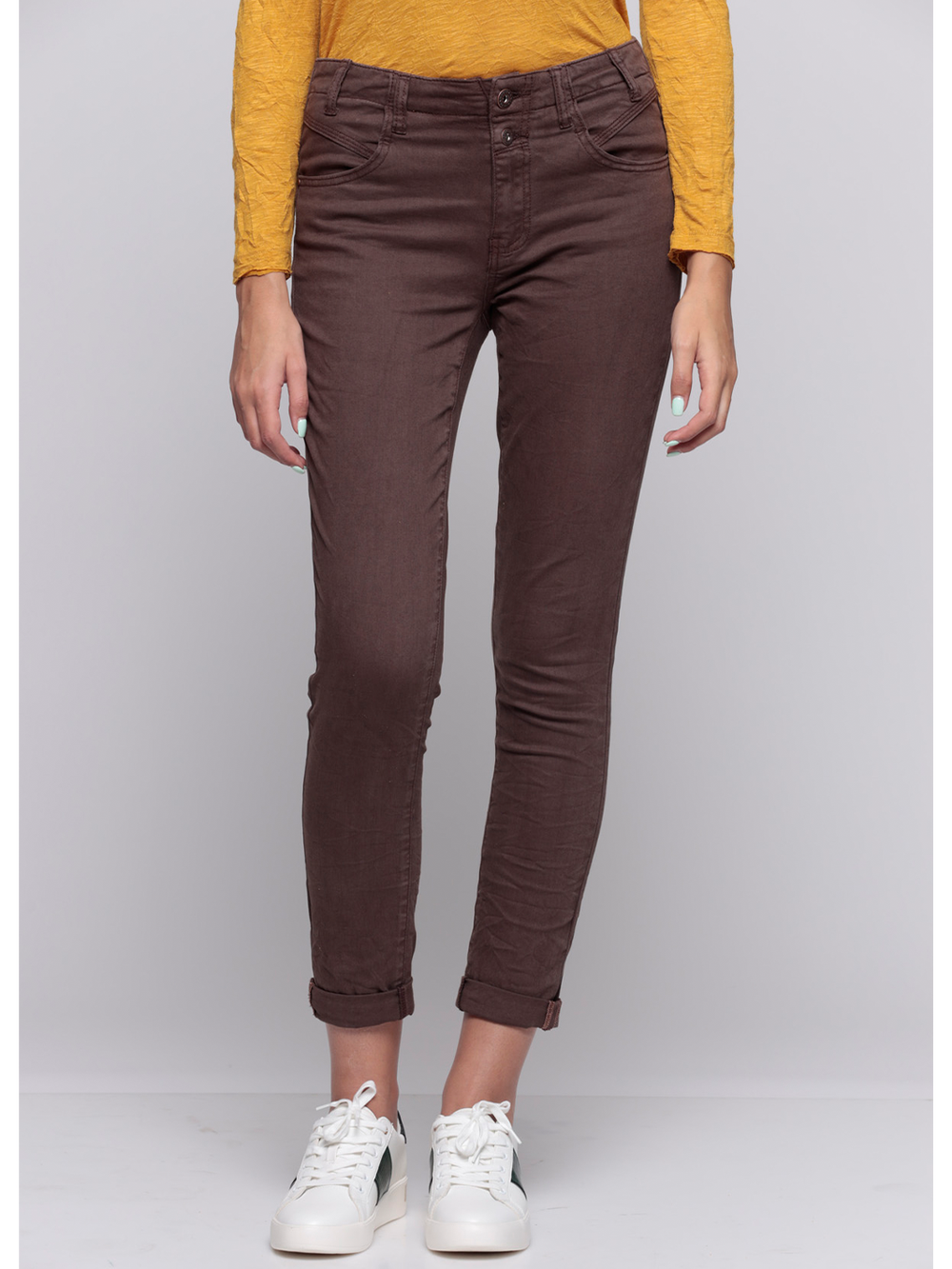 Alexis Chocolate Boyfriend Pant — half body front view | Bianco Jeans