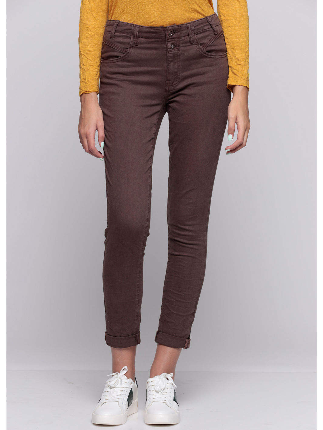 Alexis Chocolate Boyfriend Pant — half body front view | Bianco Jeans