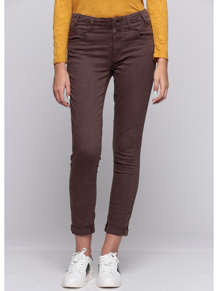 Alexis Chocolate Boyfriend Pant — half body front view | Bianco Jeans
