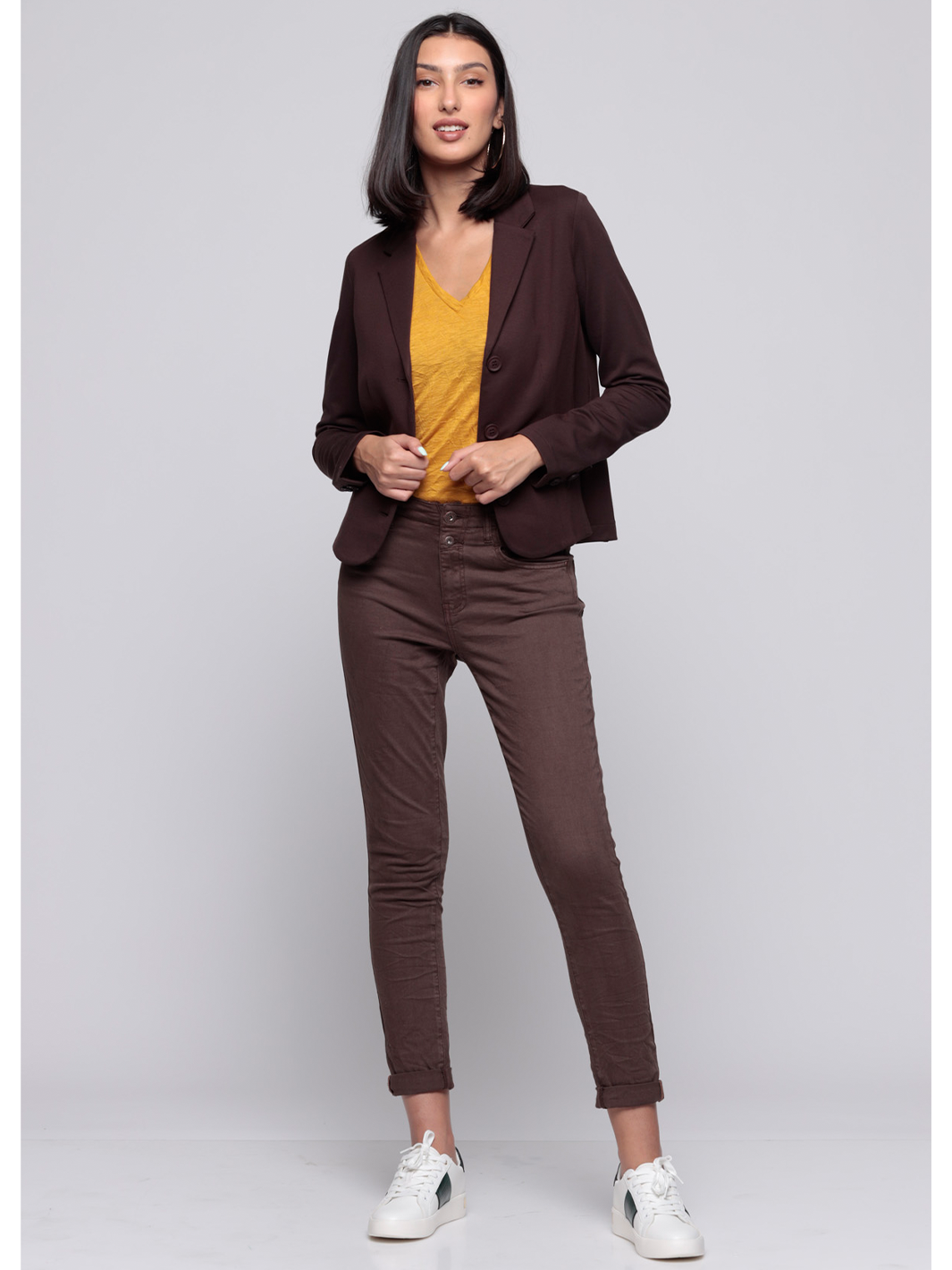 Alexis Chocolate Boyfriend Pant — full body front view styled | Bianco Jeans