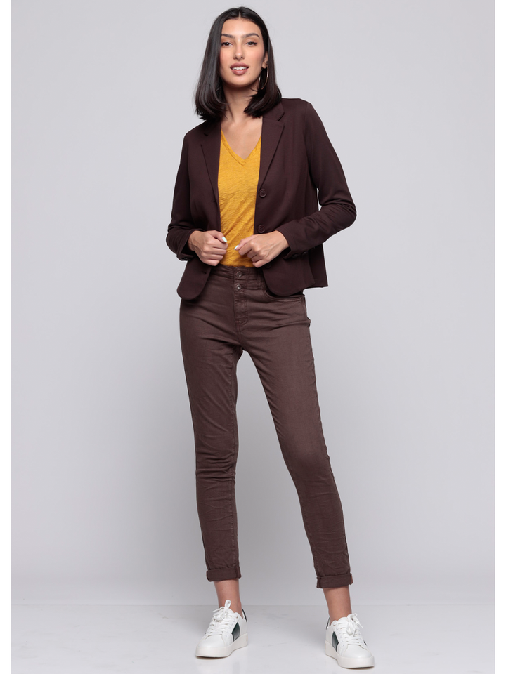 Alexis Chocolate Boyfriend Pant — full body front view styled | Bianco Jeans