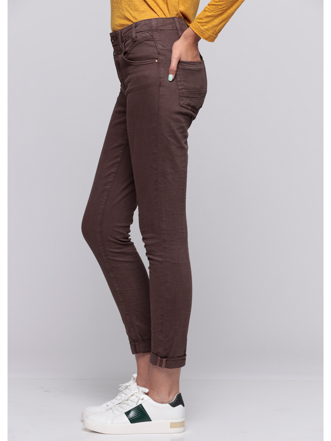 Alexis Chocolate Boyfriend Pant — half body side view | Bianco Jeans
