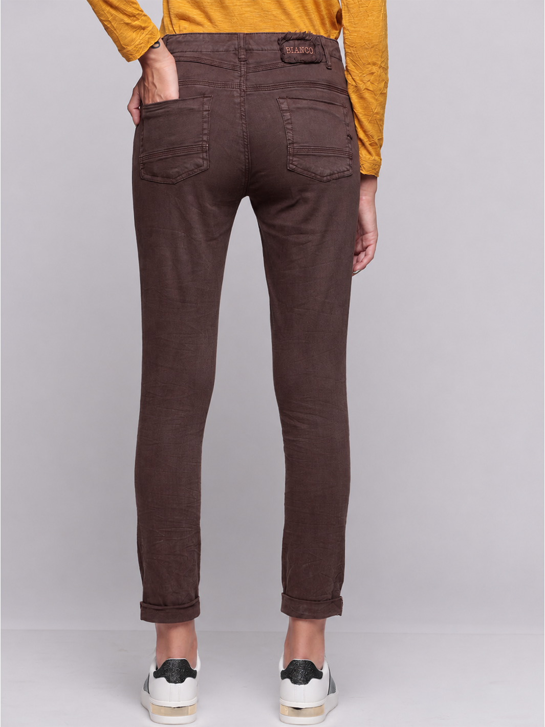Alexis Chocolate Boyfriend Pant — half body back view | Bianco Jeans