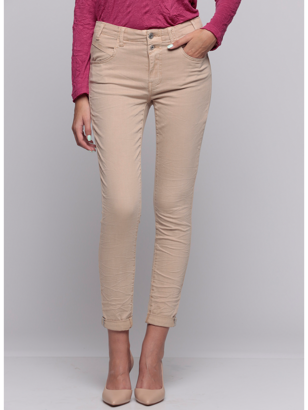Alexis Irish Cream Boyfriend Pant — half body front view | Bianco Jeans