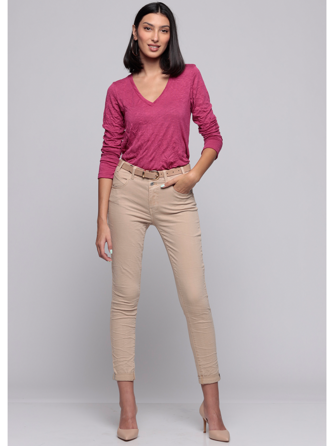Alexis Irish Cream Boyfriend Pant — full body front view styled | Bianco Jeans