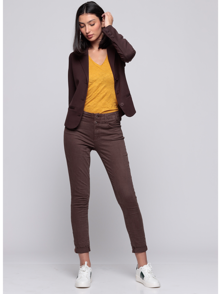 Alexis Chocolate Boyfriend Pant — full body front view with movement | Bianco Jeans