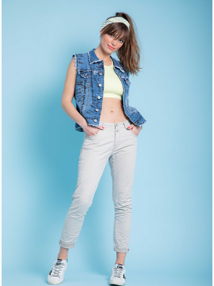 Amalid Printed Denim Vest — full body front styled look, handwritten print stretch denim with frayed edges | Bianco Jeans