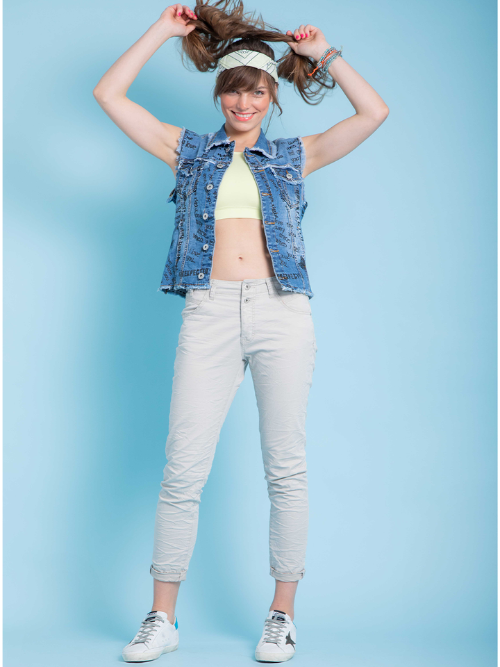 Amalid Printed Denim Vest — full body front facing view in motion, sleeveless stretch denim vest | Bianco Jeans