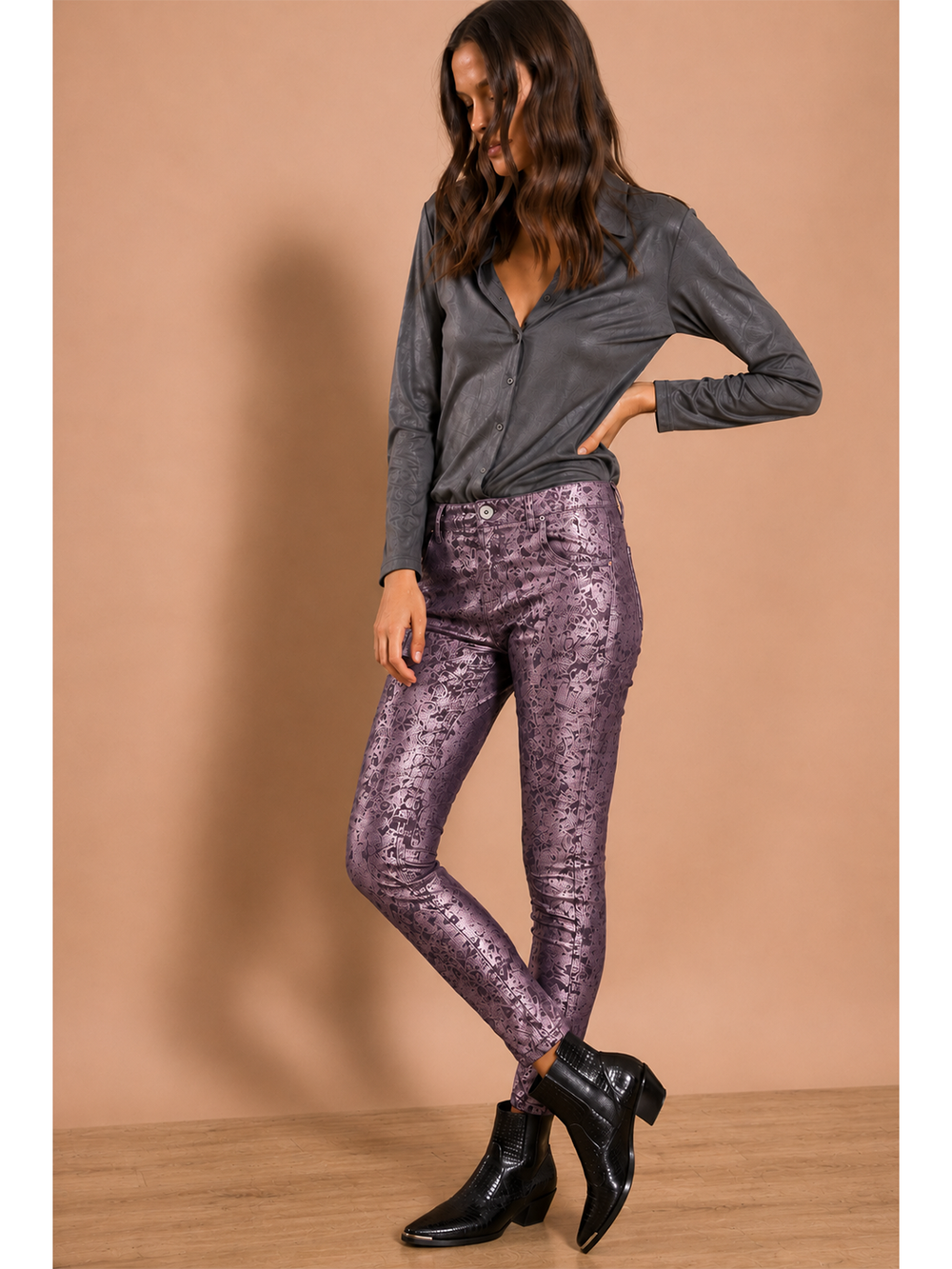 Ariella Metallic Plum Pant — full body side facing with movement — Bianco Jeans