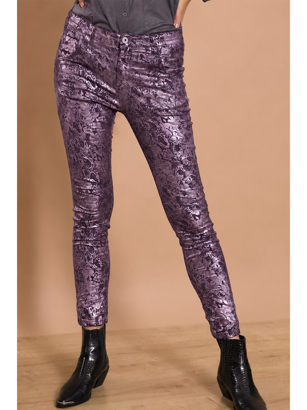 Ariella Metallic Plum Pant — half body front facing — Bianco Jeans