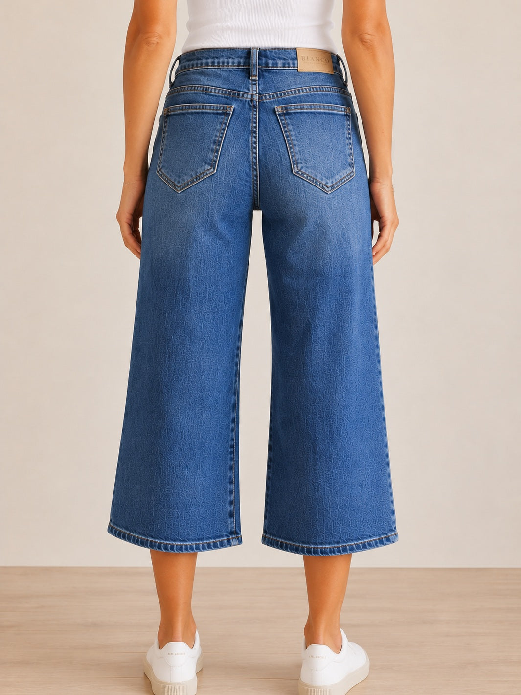 Audrina Cropped Wide Leg Jean – Mid Blue — half body back facing image | Bianco Jeans