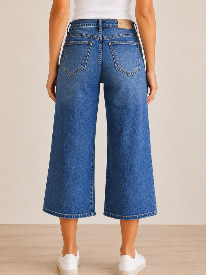 Audrina Cropped Wide Leg Jean – Mid Blue — half body back facing image | Bianco Jeans