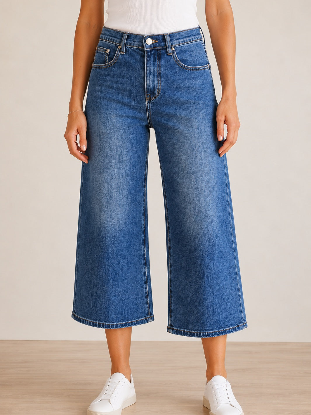 Audrina Cropped Wide Leg Jean – Mid Blue — half body front facing image | Bianco Jeans