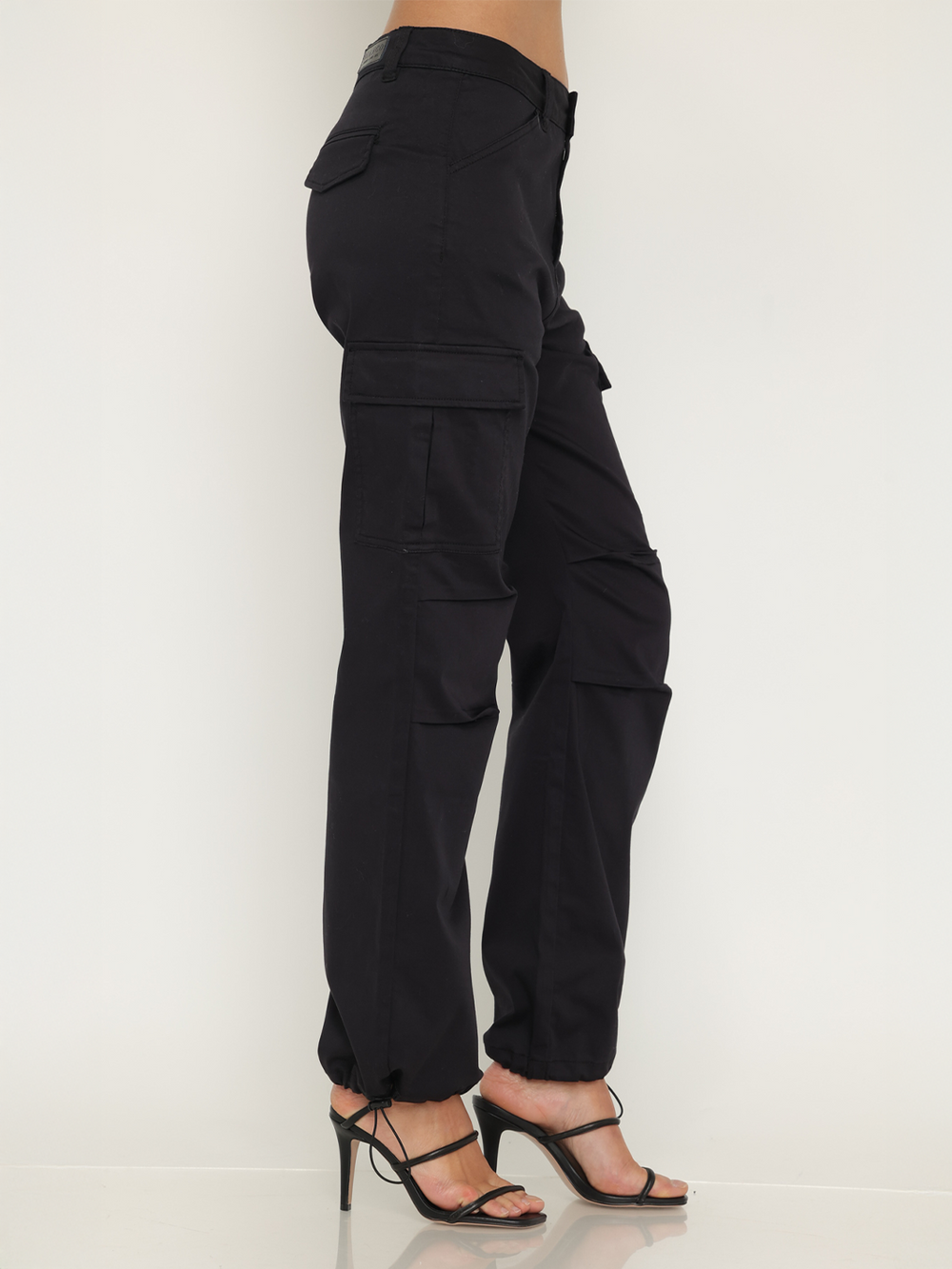 Blair Black Cargo Pant - Half Body Side Profile | Bianco Jeans