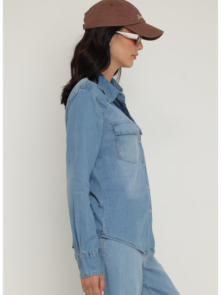 Bianca Chambray Shirt — top half body side profile view | Bianco Jeans