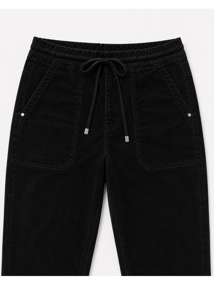 Rotem Baby Cord Jogger Pant – Black — close up of waist pocket and drawstring tie detail | Bianco Jeans