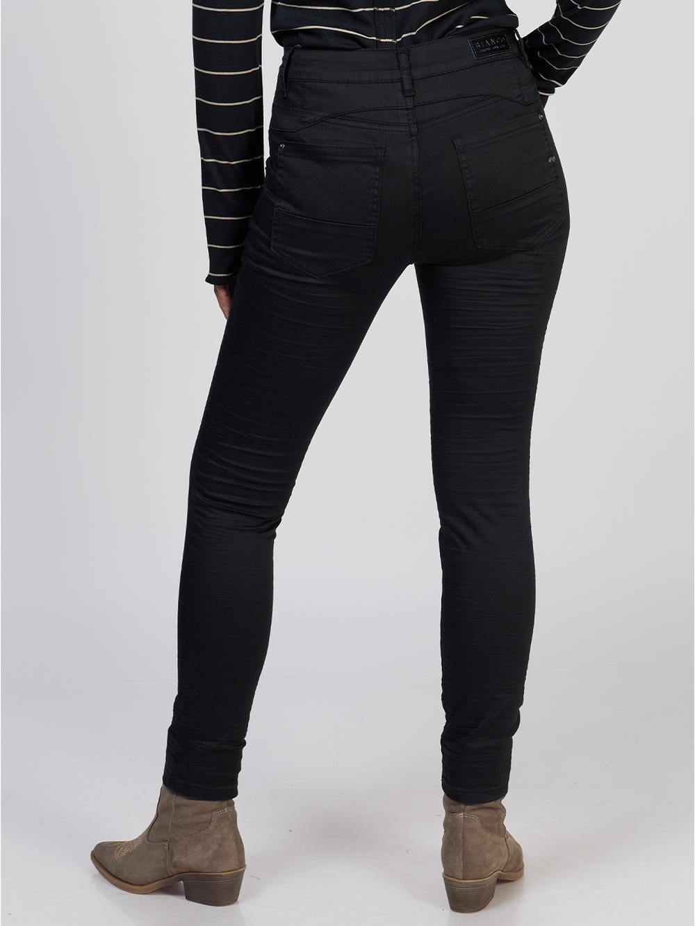 Blake Black Slim Boyfriend Pant — half body back facing image | Bianco Jeans