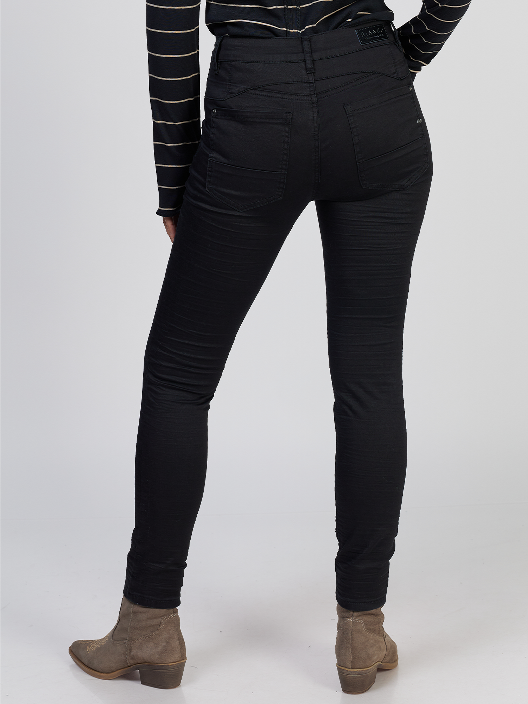 Blake Black Slim Boyfriend Pant — half body back facing image | Bianco Jeans