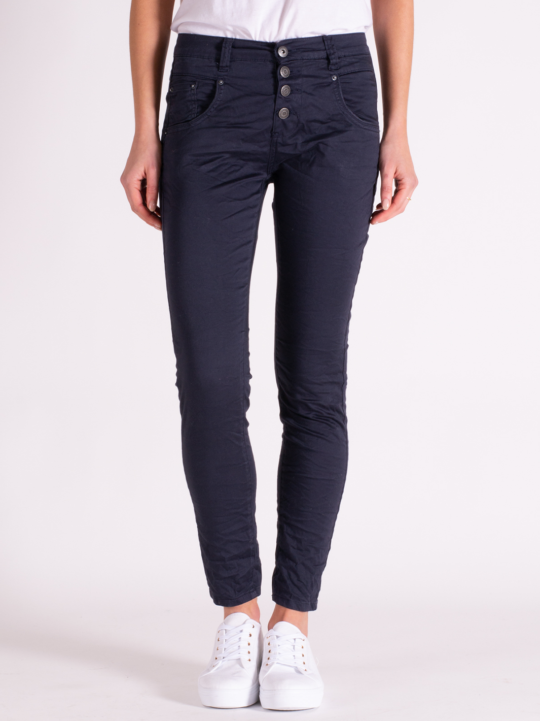 Blake Graphite Slim Boyfriend Pant — half body front facing view | Bianco Jeans