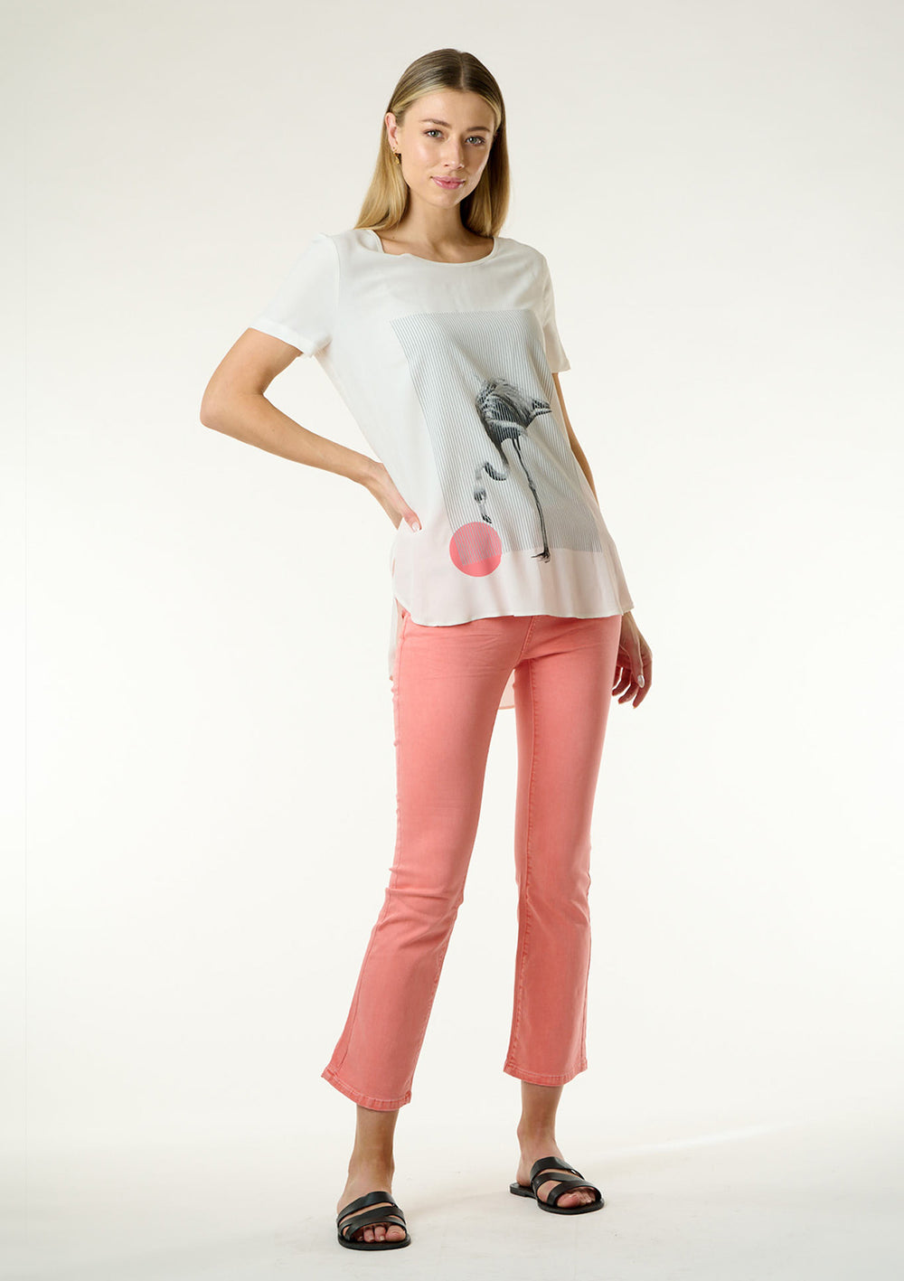 Riviera Print Top - Full Body Front Facing with Movement | Bianco Jeans