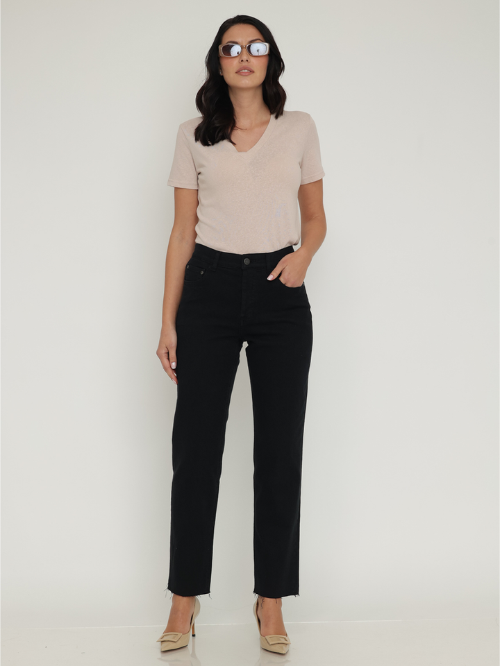 Cassie Black Straight Jean — full body front facing styled image with movement | Bianco Jeans