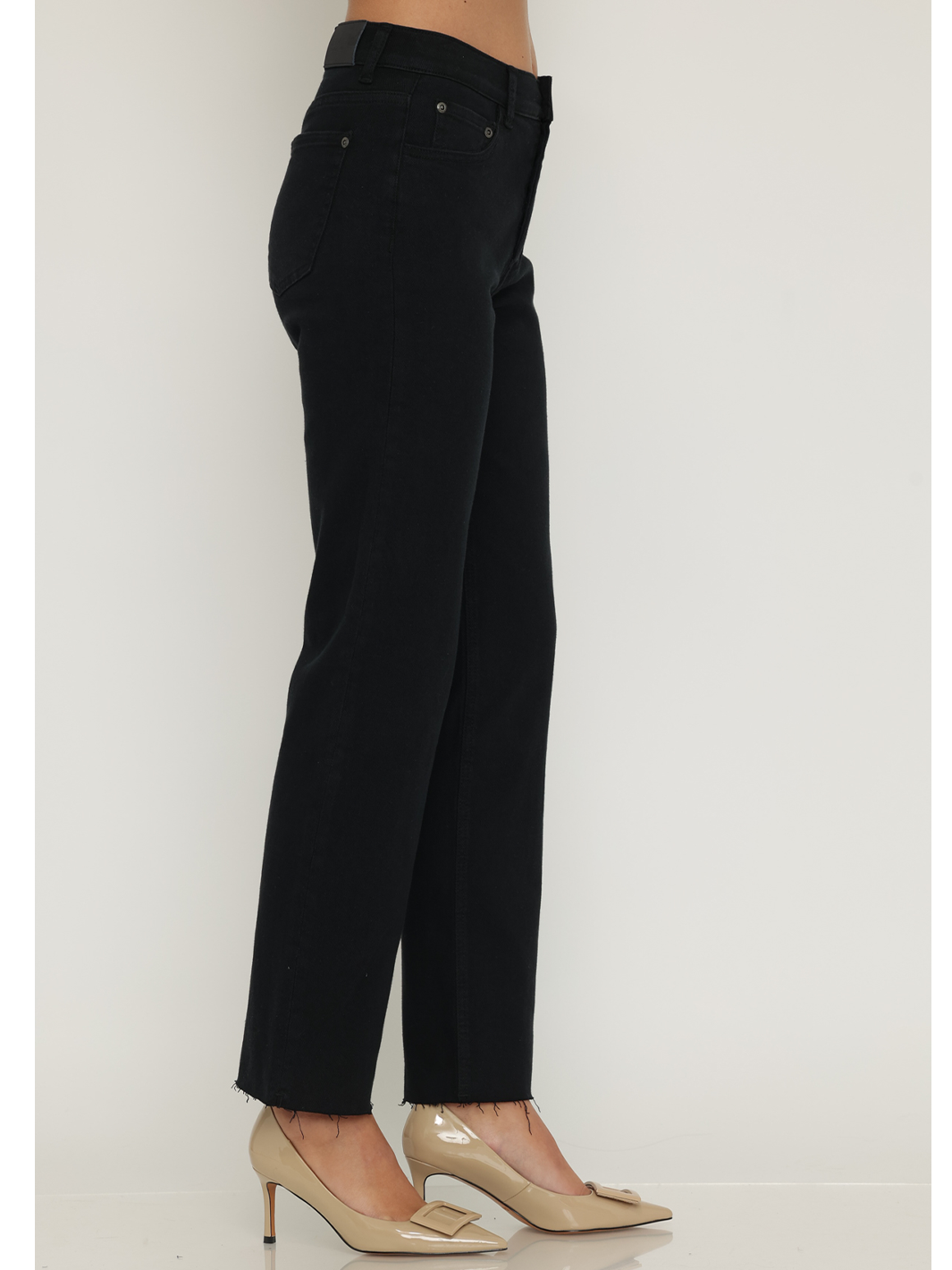 Cassie Black Straight Jean — half body side profile view on model | Bianco Jeans
