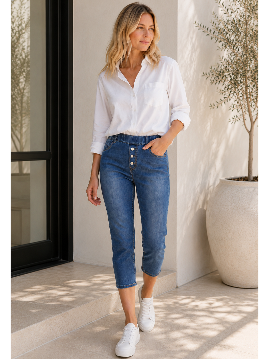 Cassie Pull-On Straight Jean — full body lifestyle image fully styled | Bianco Jeans