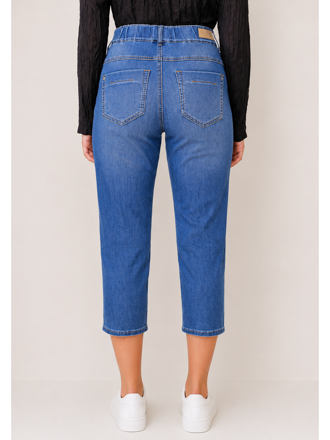 Cassie Pull-On Straight Jean — half body back facing view | Bianco Jeans