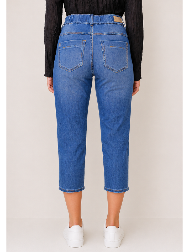 Cassie Pull-On Straight Jean — half body back facing view | Bianco Jeans
