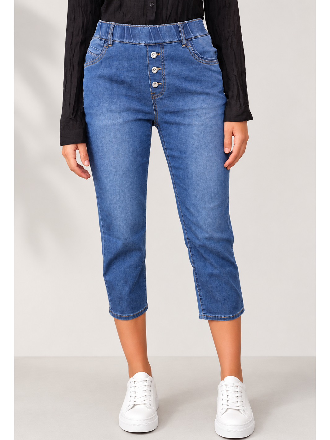 Cassie Pull-On Straight Jean — half body front facing view | Bianco Jeans