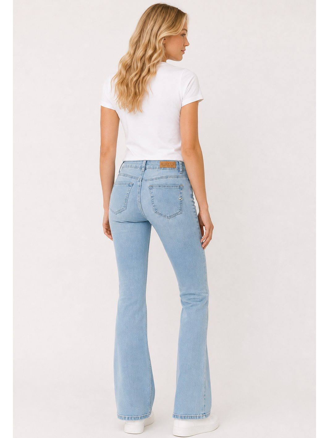 Cava Flare Jean – Ice Blue — full body back facing styled image | Bianco Jeans