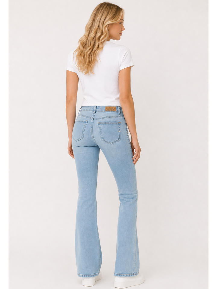 Cava Flare Jean – Ice Blue — full body back facing styled image | Bianco Jeans