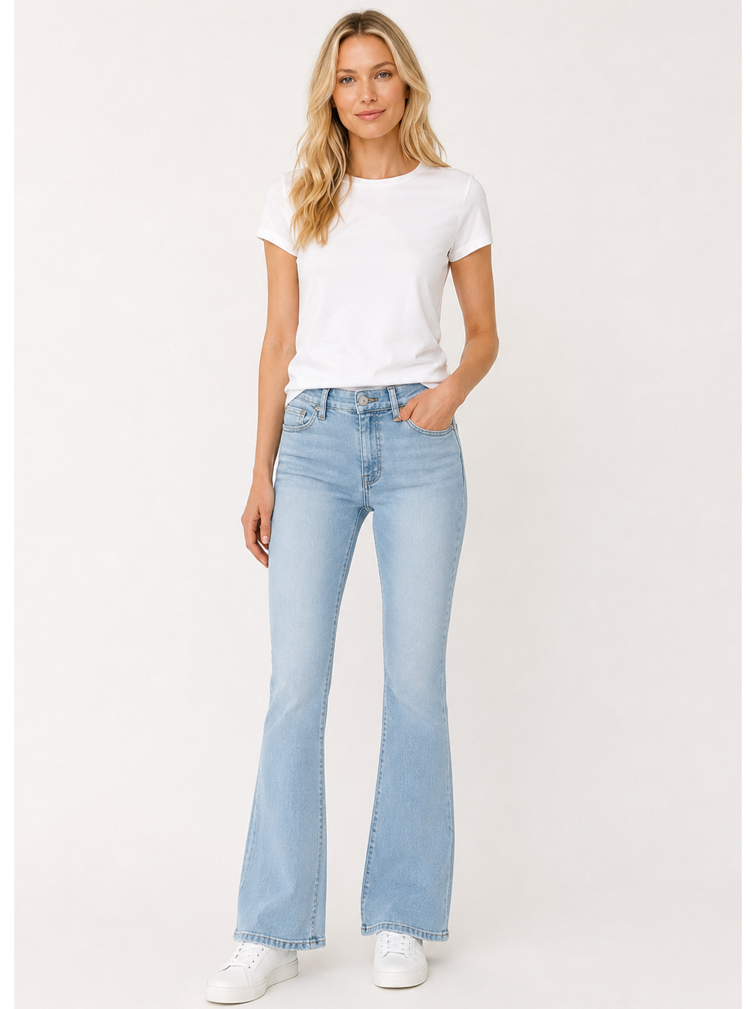 Cava Flare Jean – Ice Blue — full body front facing styled image | Bianco Jeans