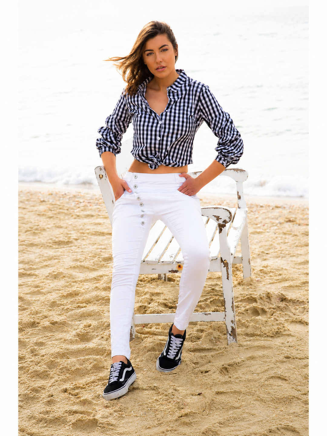 Magnolia White Boyfriend Pant — full body front facing styled lifestyle image | Bianco Jeans