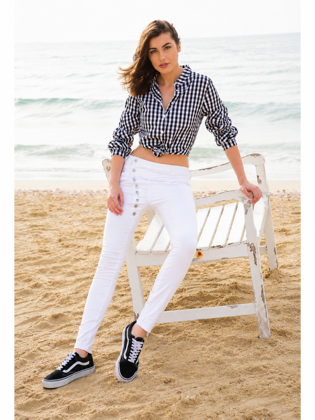 Magnolia White Boyfriend Pant — full body front facing styled image | Bianco Jeans