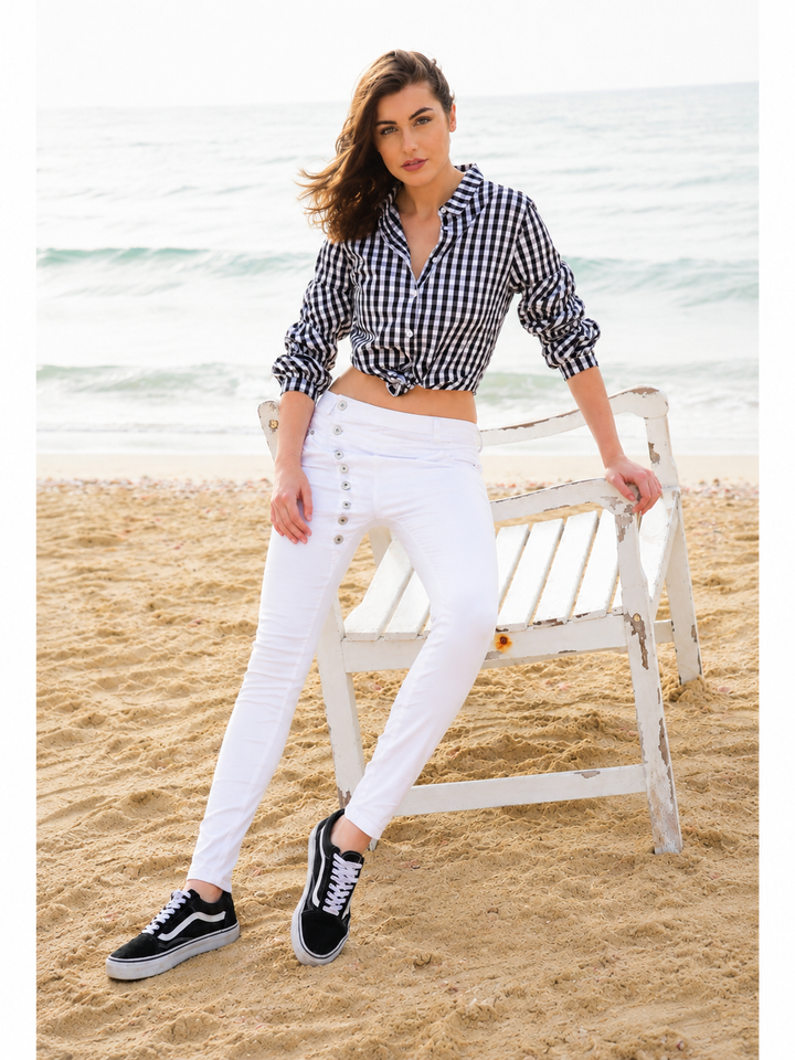 Magnolia White Boyfriend Pant — full body front facing styled image | Bianco Jeans