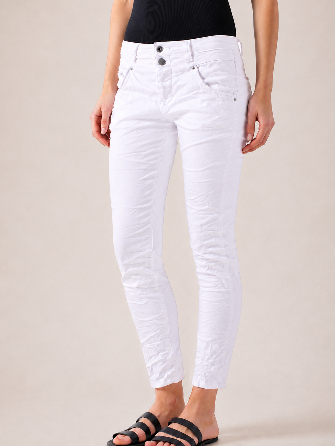 Blake White Slim Boyfriend Pant — half body side view image | Bianco Jeans