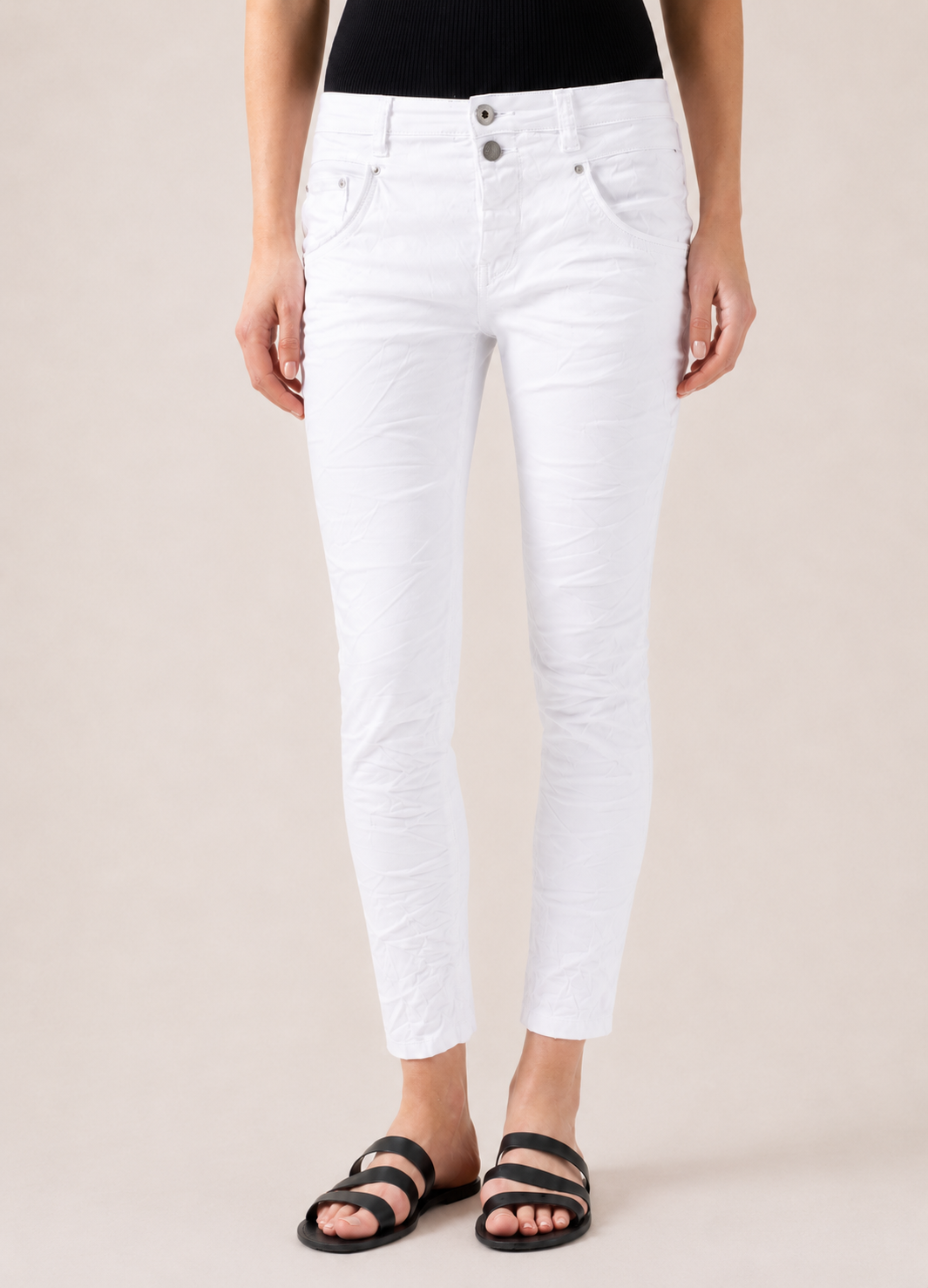 Blake White Slim Boyfriend Pant — half body front facing image | Bianco Jeans