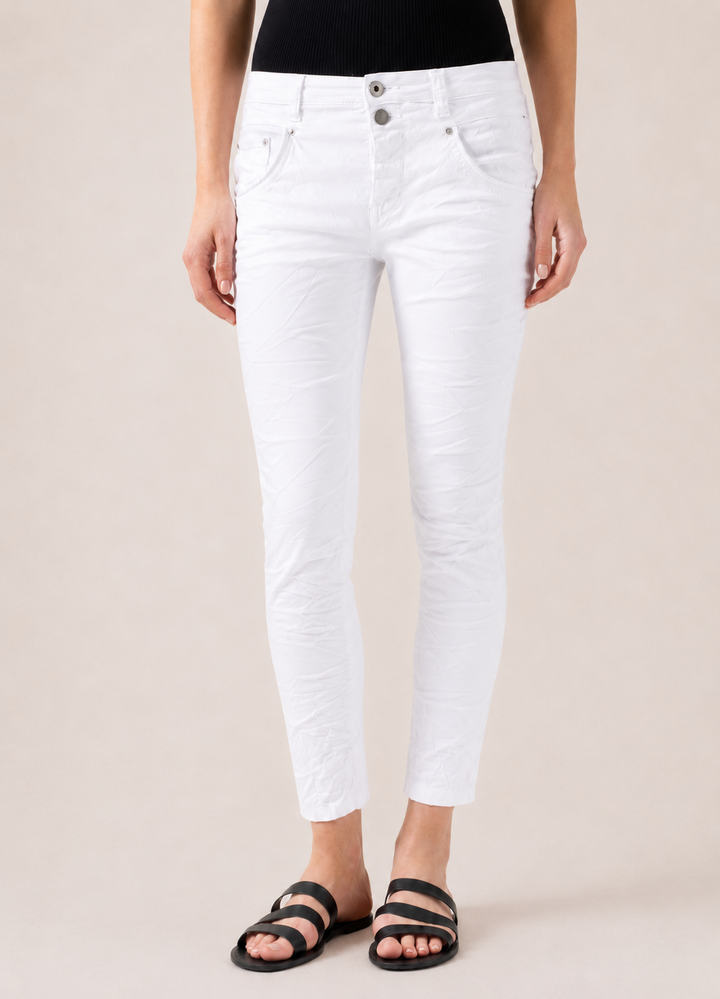 Blake White Slim Boyfriend Pant — half body front facing image | Bianco Jeans