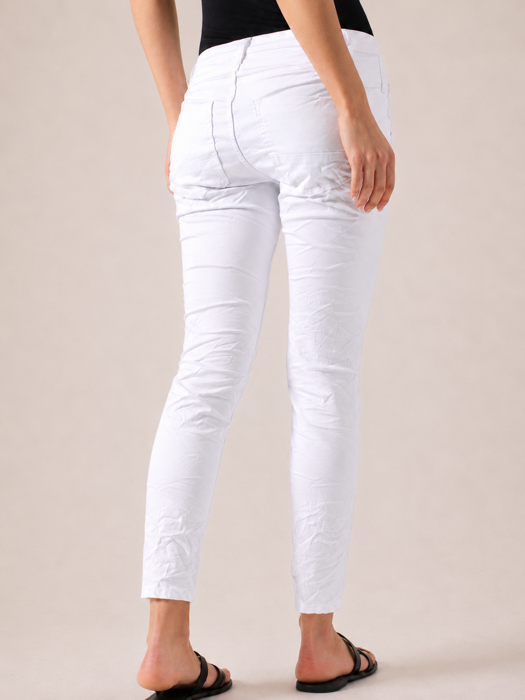Blake White Slim Boyfriend Pant — half body back facing image | Bianco Jeans