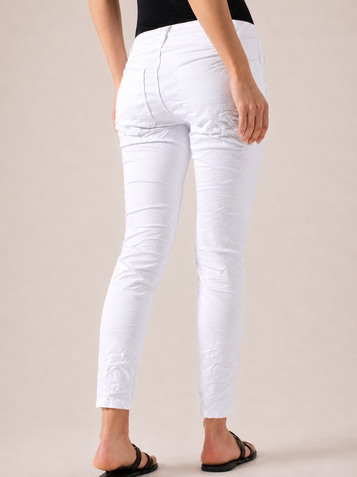 Blake White Slim Boyfriend Pant — half body back facing image | Bianco Jeans