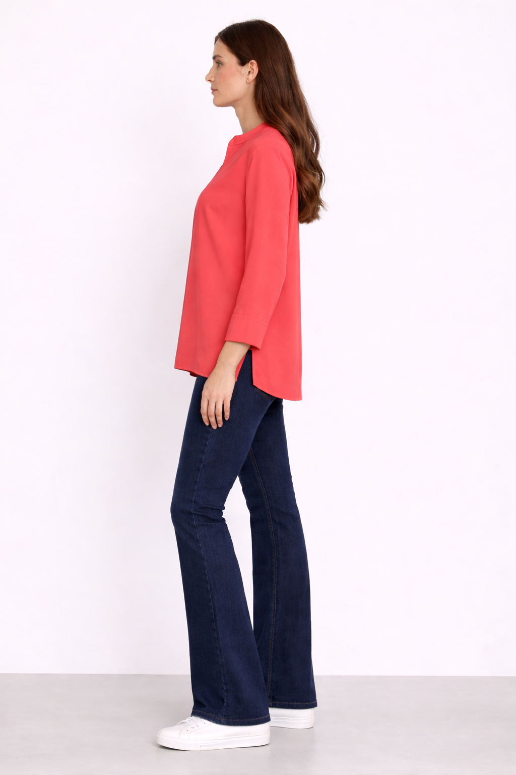 Willa Shirt Coral Red - Full Body Side Profile Styled | Bianco Jeans