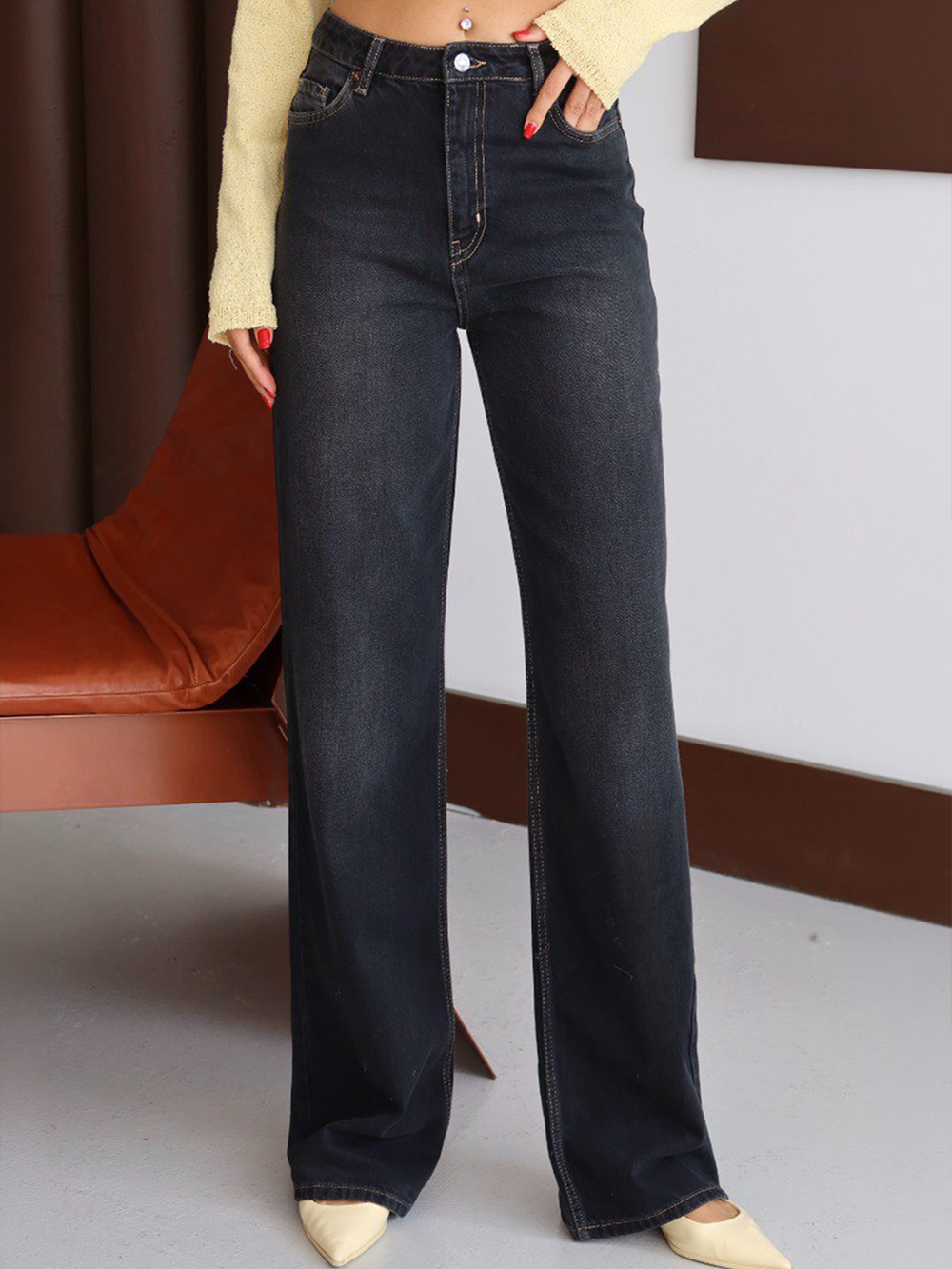 ELIA WASHED BLACK WIDE LEG JEAN