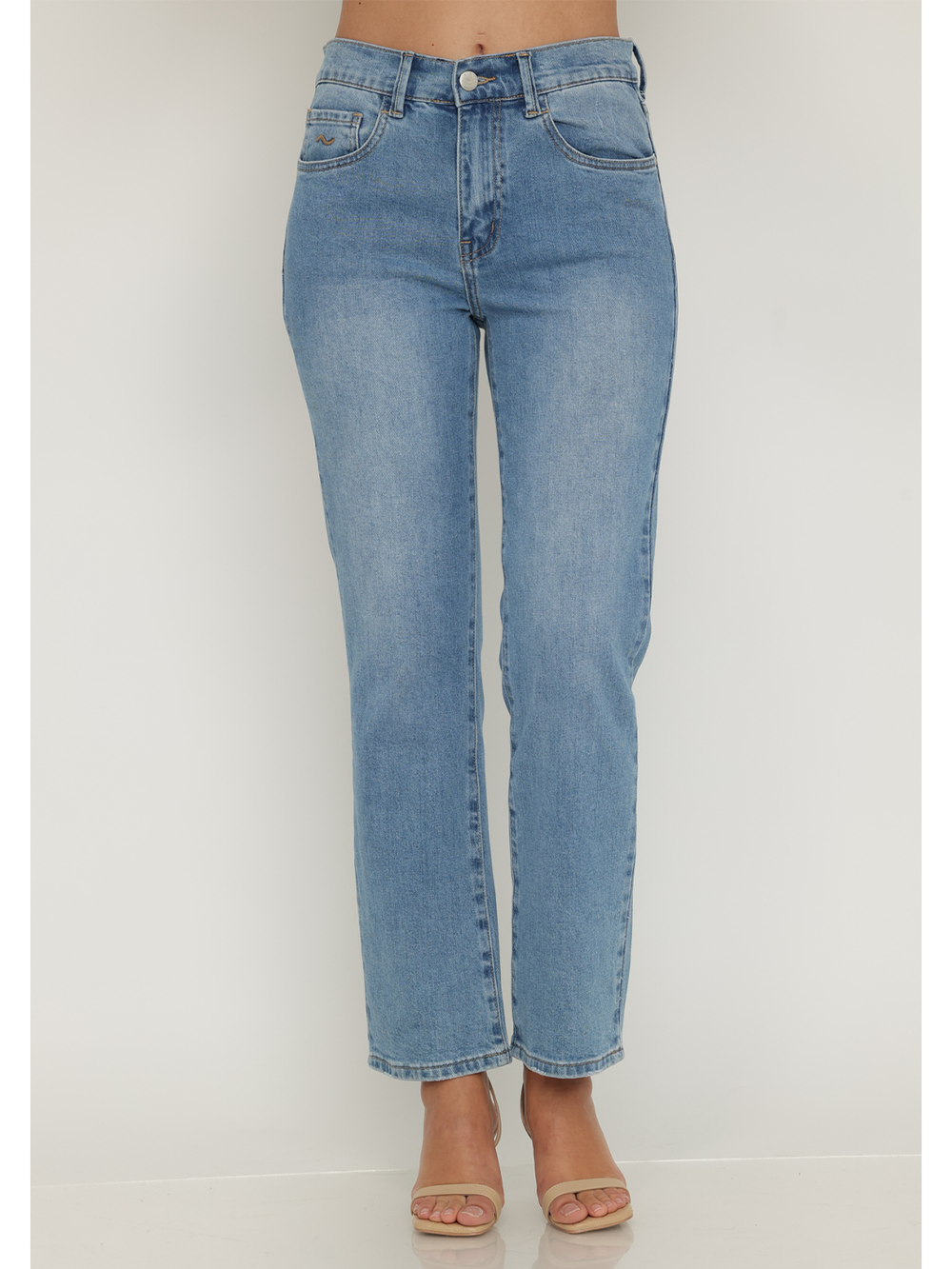 Isabella Straight Jean Medium Blue — half body front facing view, soft stretch denim with zip fly and button closure | Bianco Jeans