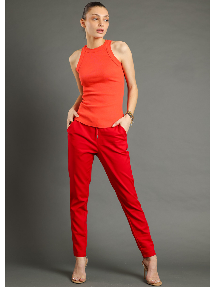 Karen Red Pant — full body front facing styled image | Bianco Jeans