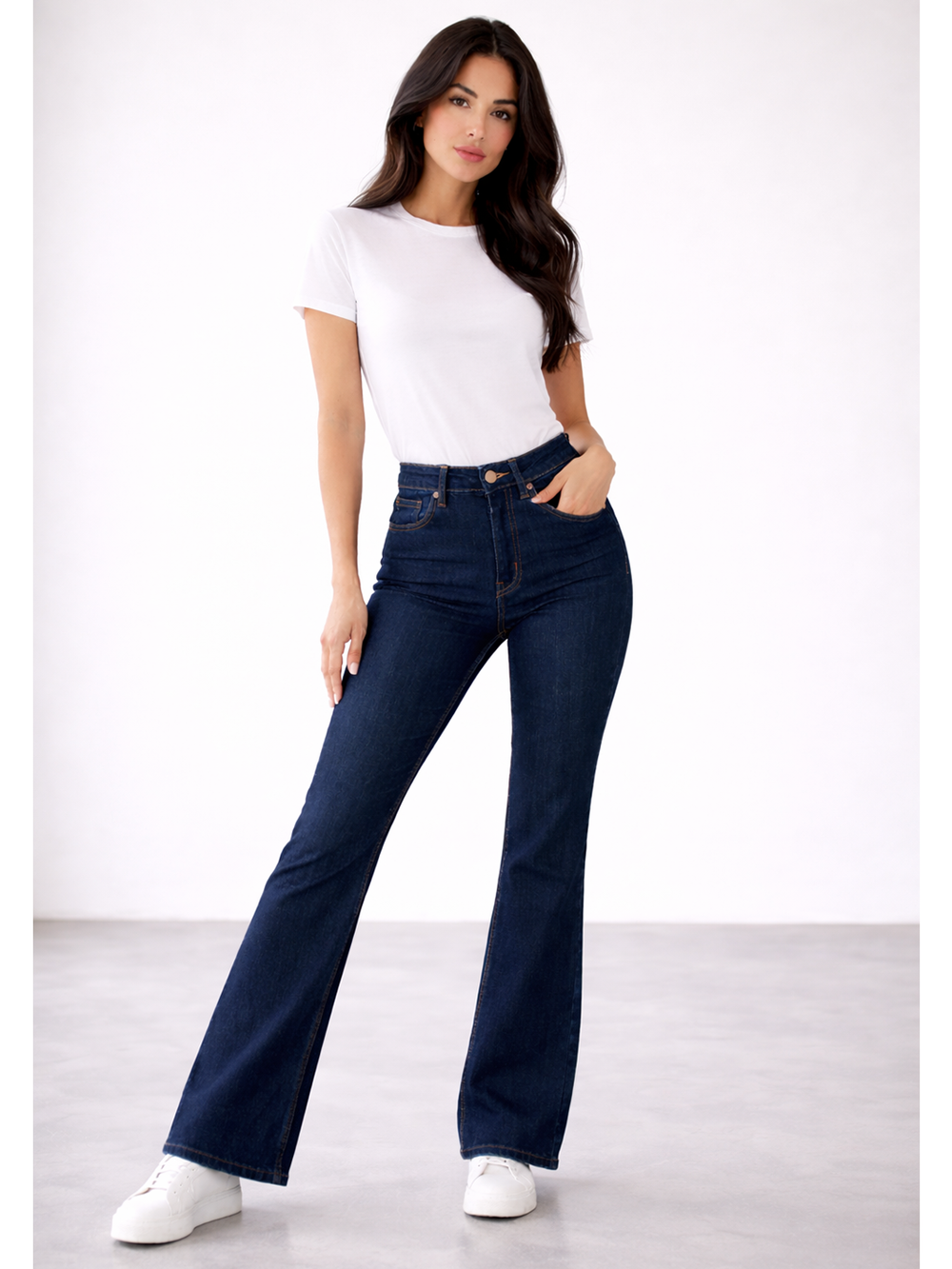 Lara Flare Jean Classic Blue - Full Body Front Styled | Bianco Jeans