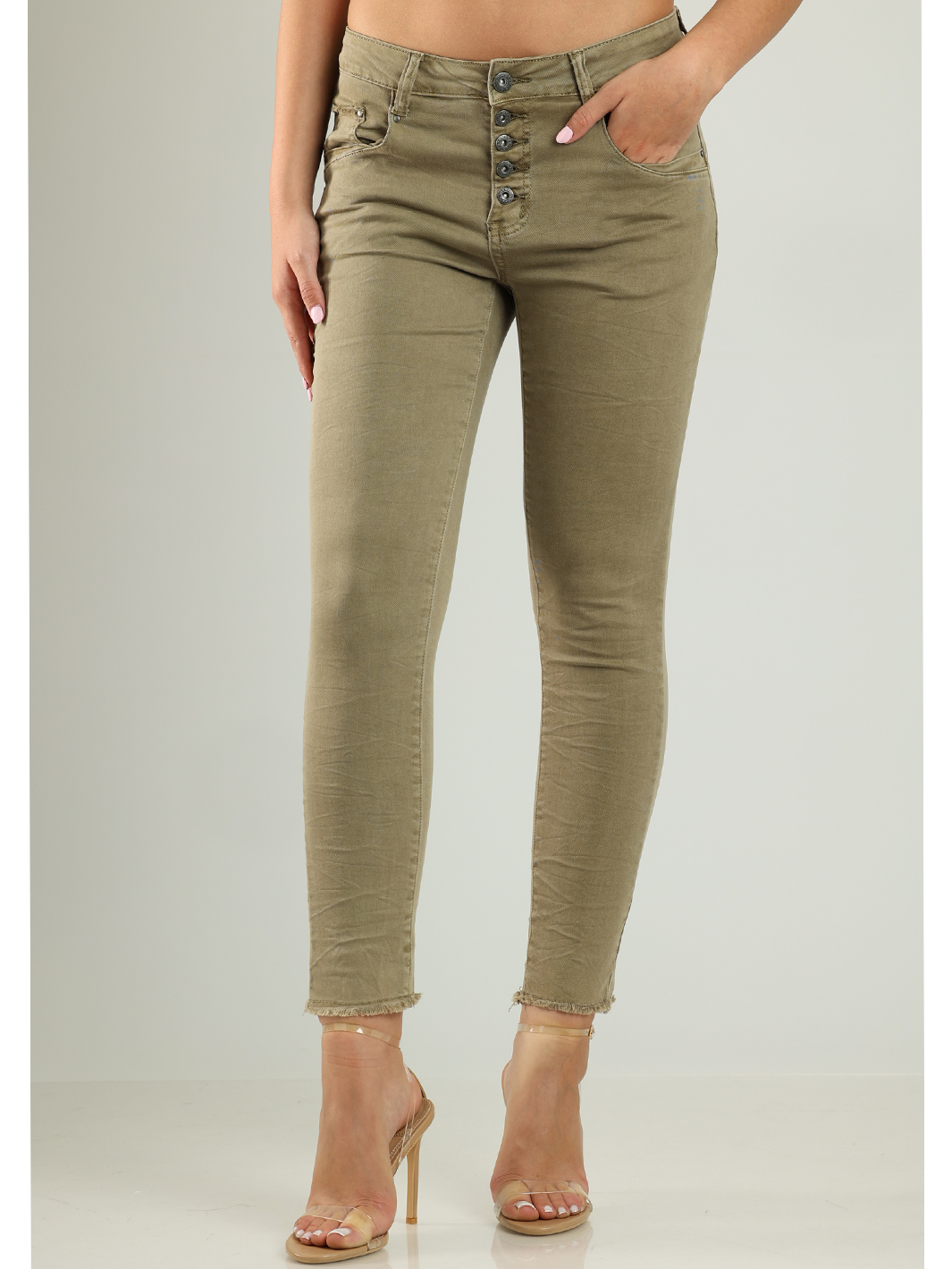 Lory Olive Boyfriend Pant — half body front facing — Bianco Jeans