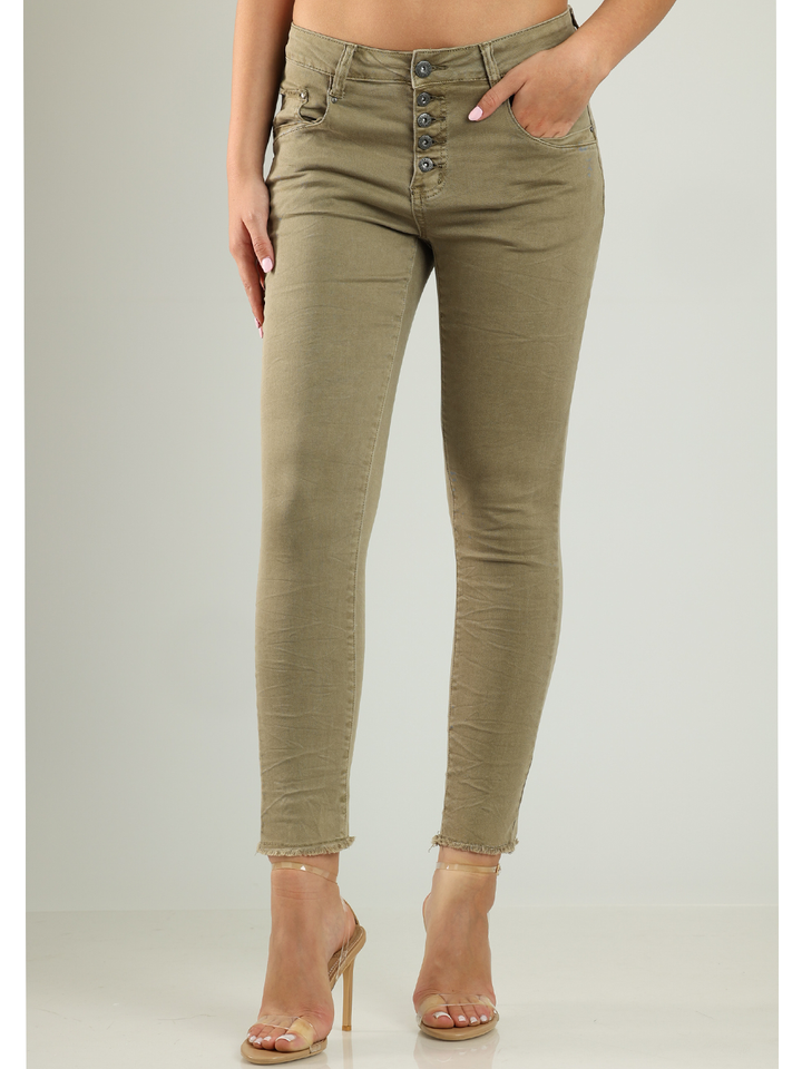 Lory Olive Boyfriend Pant — half body front facing — Bianco Jeans