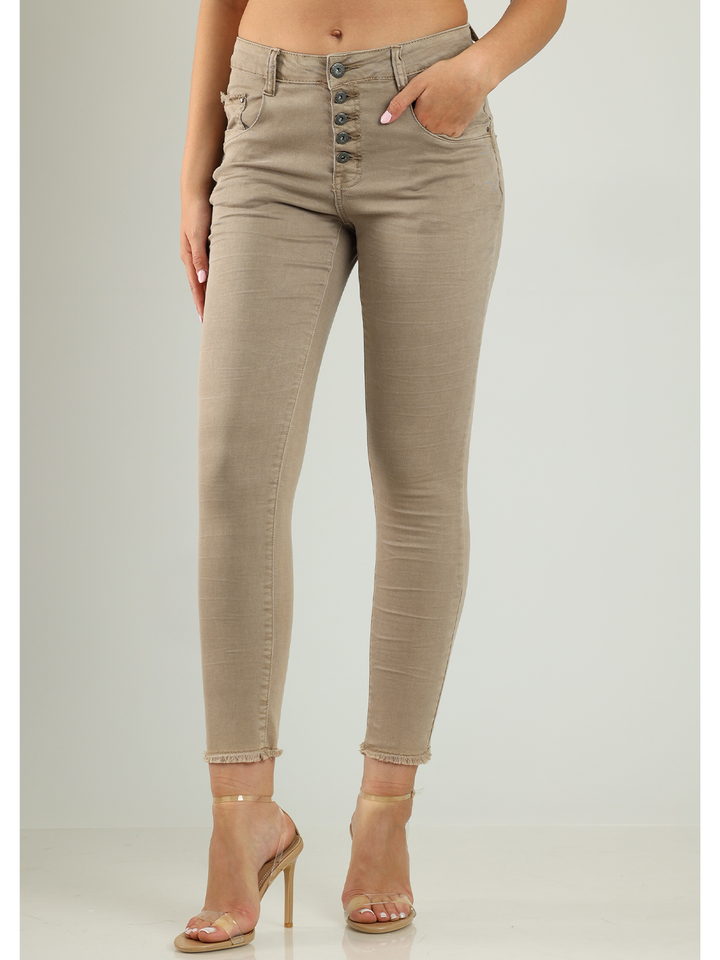 Lory Coffee Boyfriend Pant — front view, slim boyfriend fit in warm coffee stretch cotton | Bianco Jeans